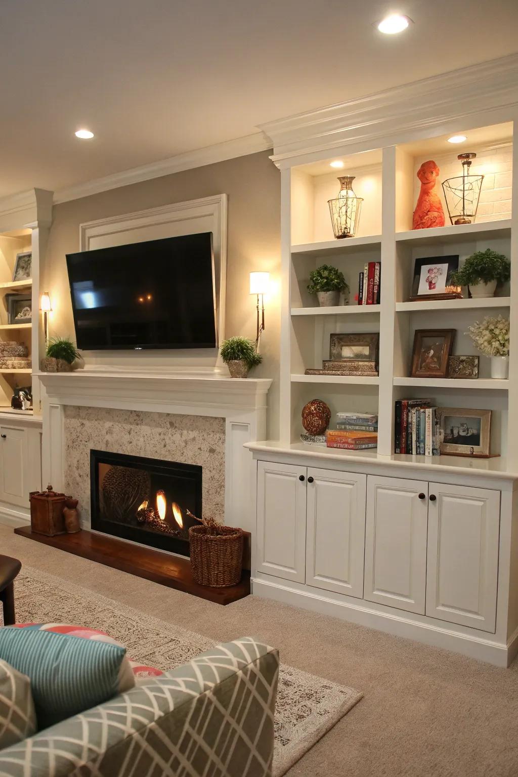Integrated display units framing a fireplace with a TV above, highlighting personal decorations.