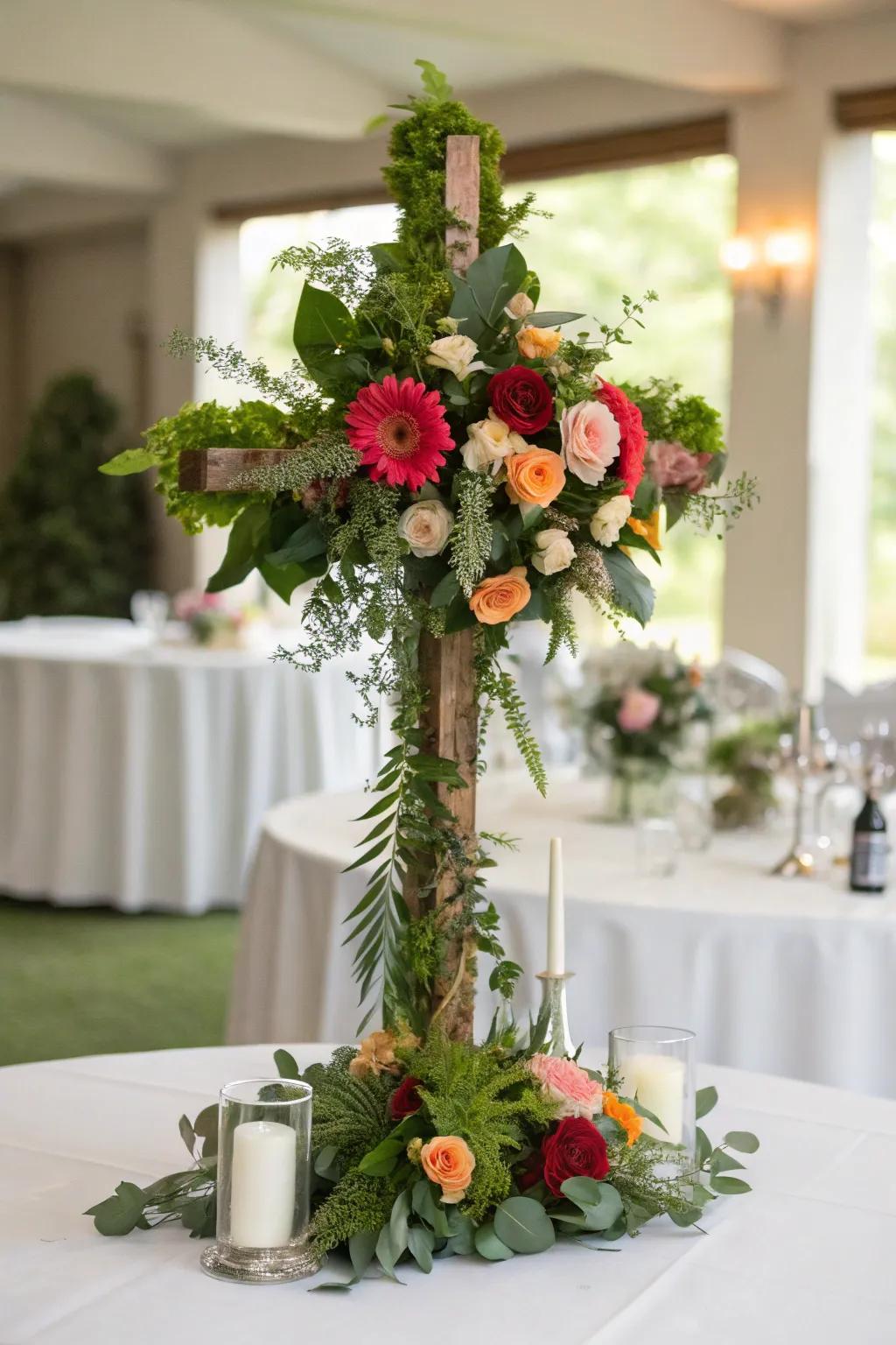 A botanical Christian cross core piece introduces a sophisticated and meaningful accent to the setting.