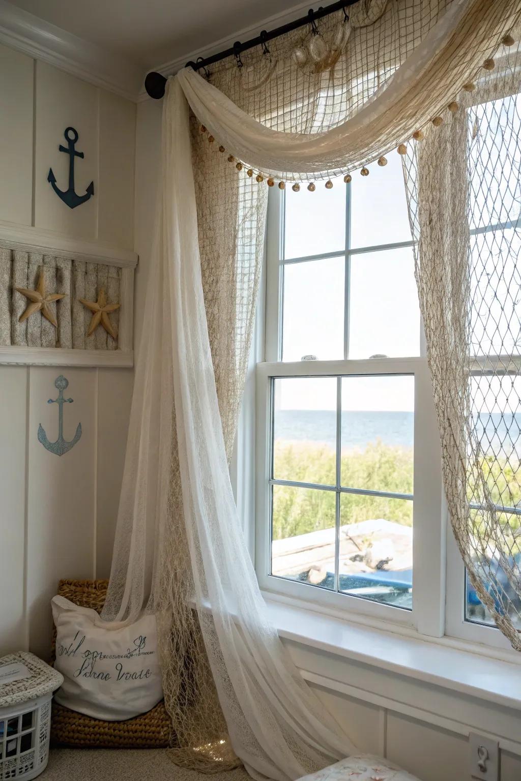 Fishing nets create unique curtains with an ocean sensation.
