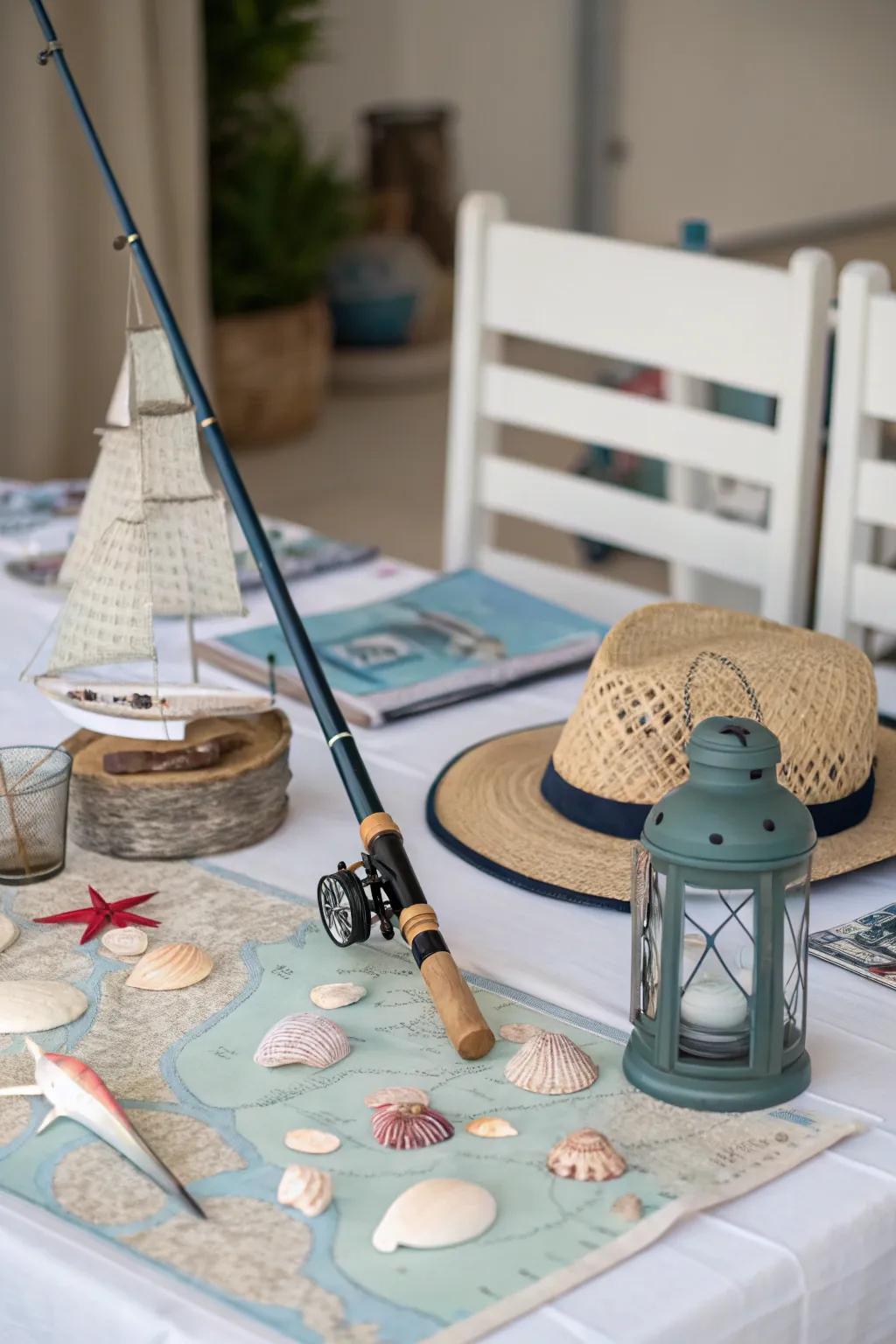 An angling tool centerpiece transports the ocean to your dining setting.