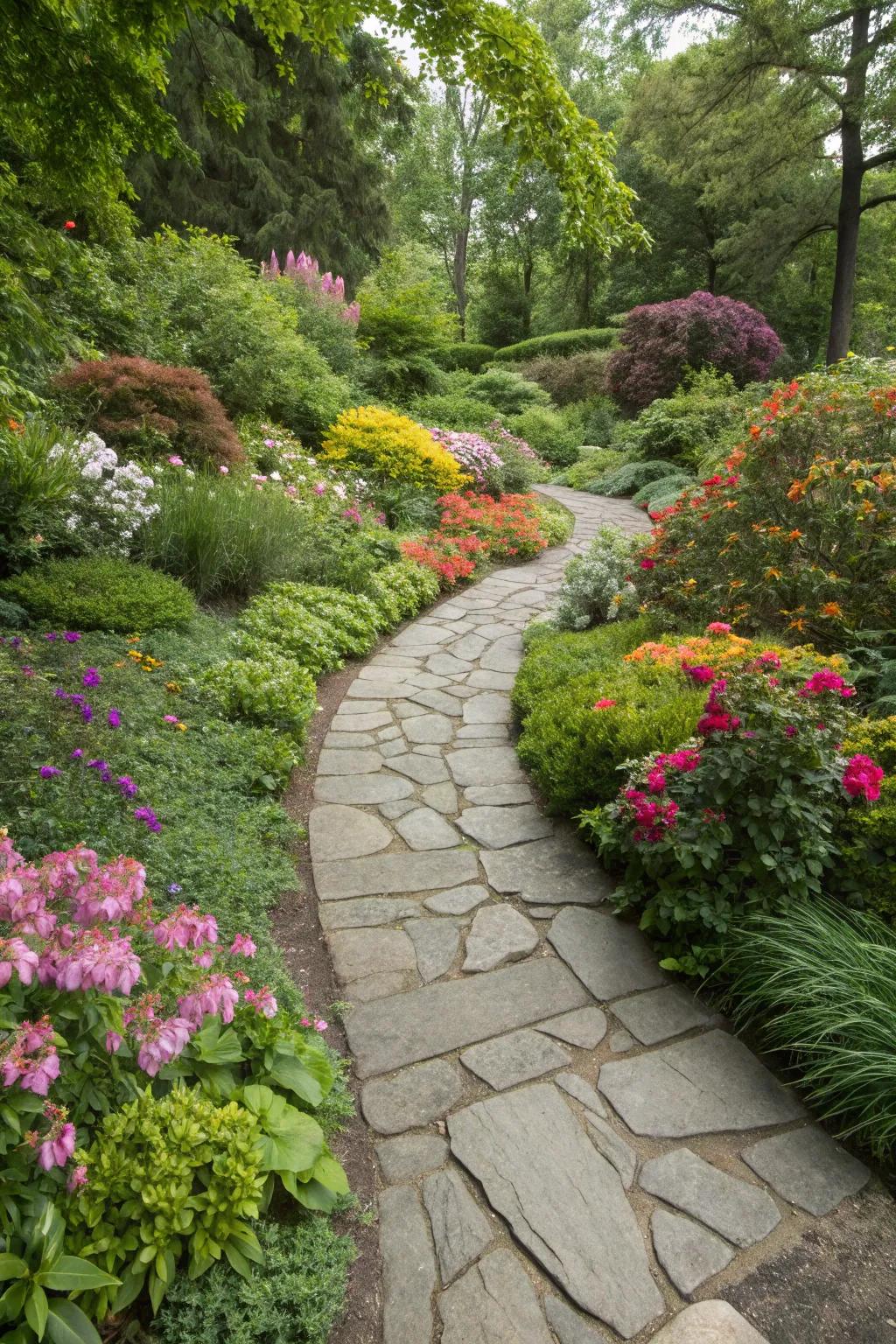 A slate path smoothly integrated within a flourishing garden panorama.