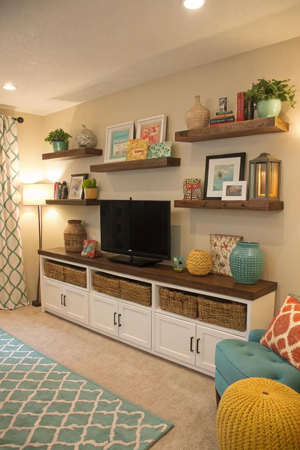 Create balance with color-coordinated ledges.