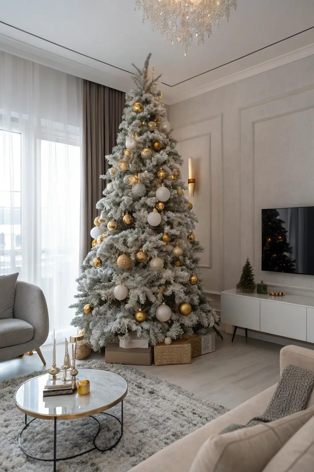 A radiant metallic-highlighted flocked Christmas tree.