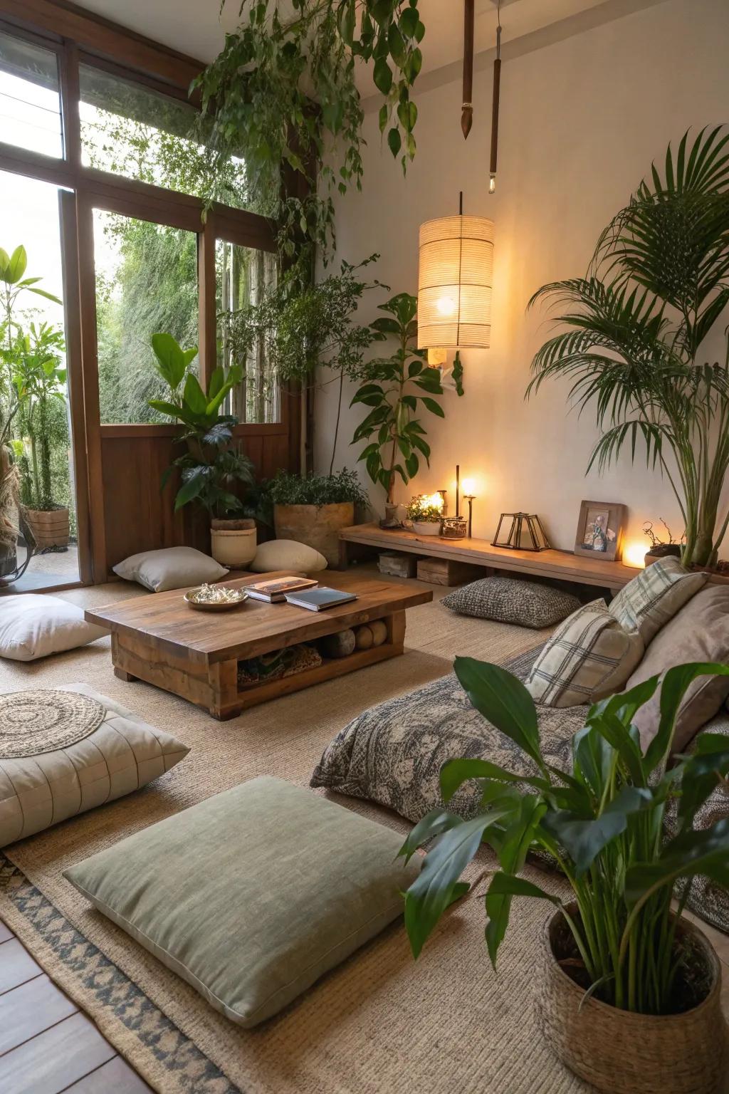 Floor seating inspired by nature crafts a tranquil and harmonious setting.