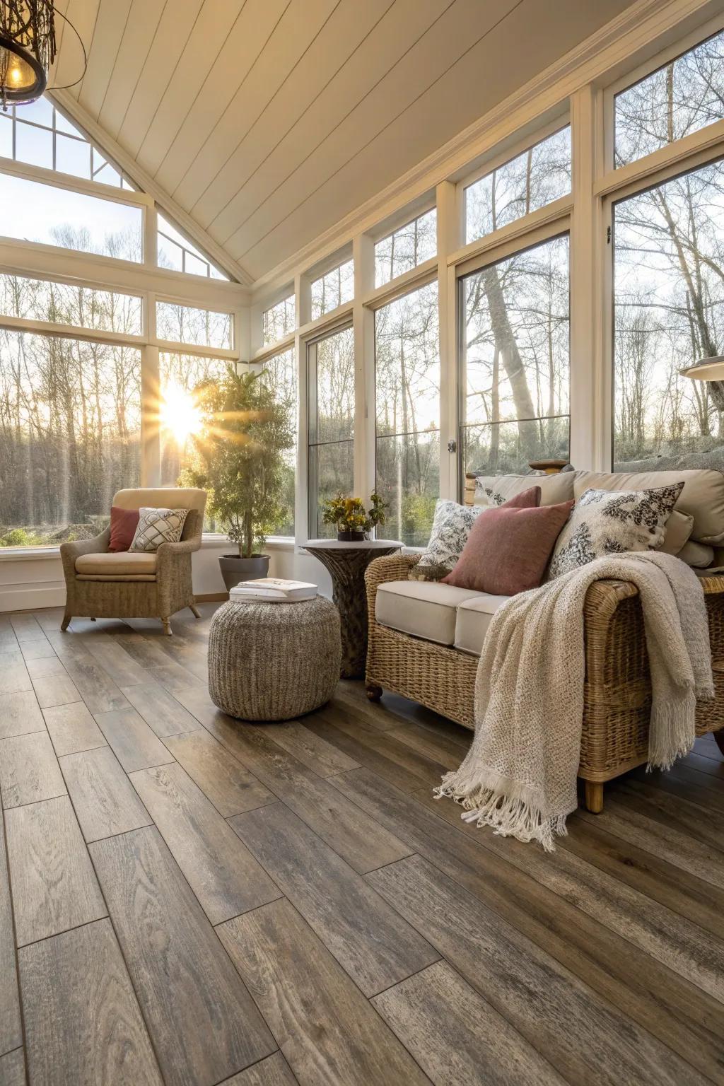 Sunroom that has flexible modern vinyl board flooring.