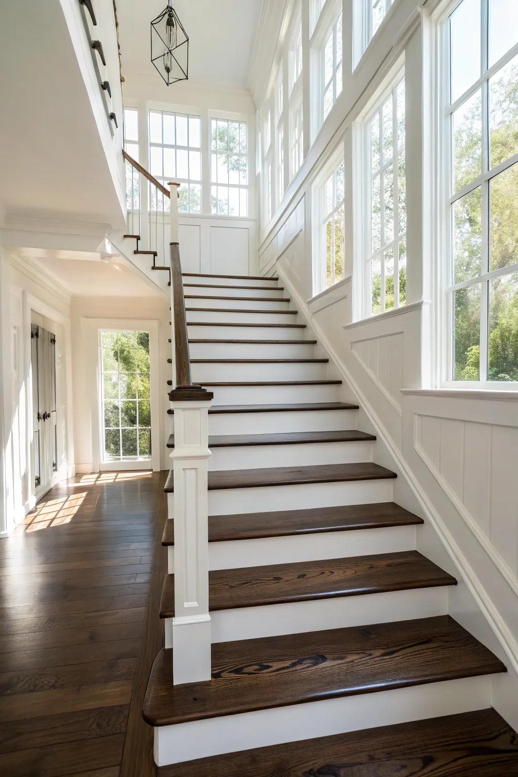 Dark wooden steps positioned against white uprights produce a captivating visual contrast.