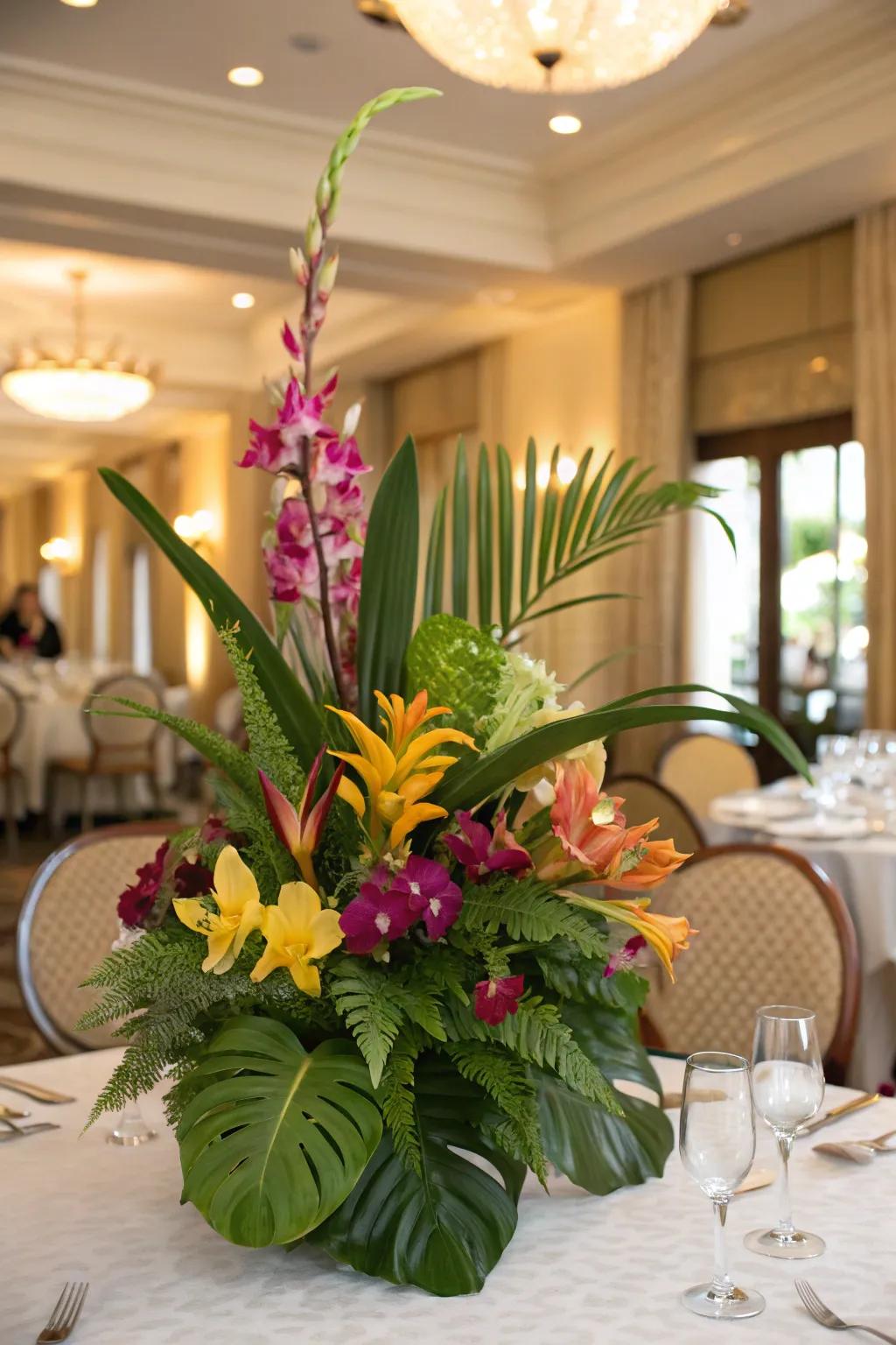 Equatorial floral centerpiece with orchids and greenery, designing a scaled-down paradise on your table.