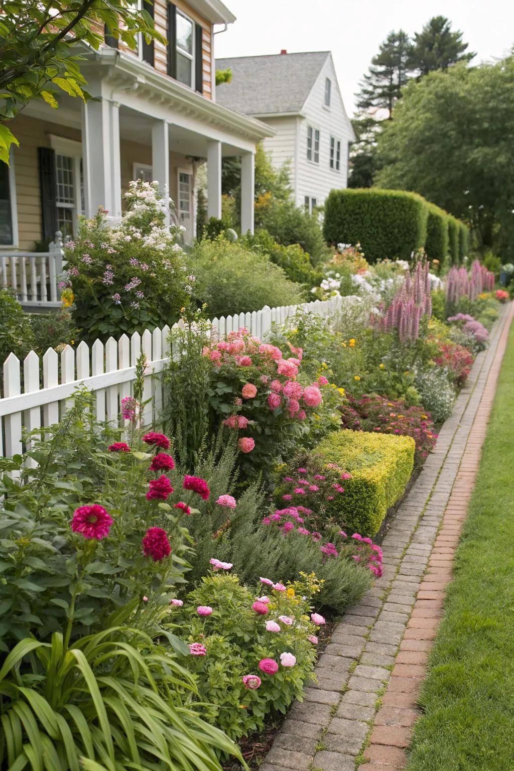 A dynamic floral perimeter exhibiting a fusion of lofty blossoms and ground-hugging foliage for added dimension.