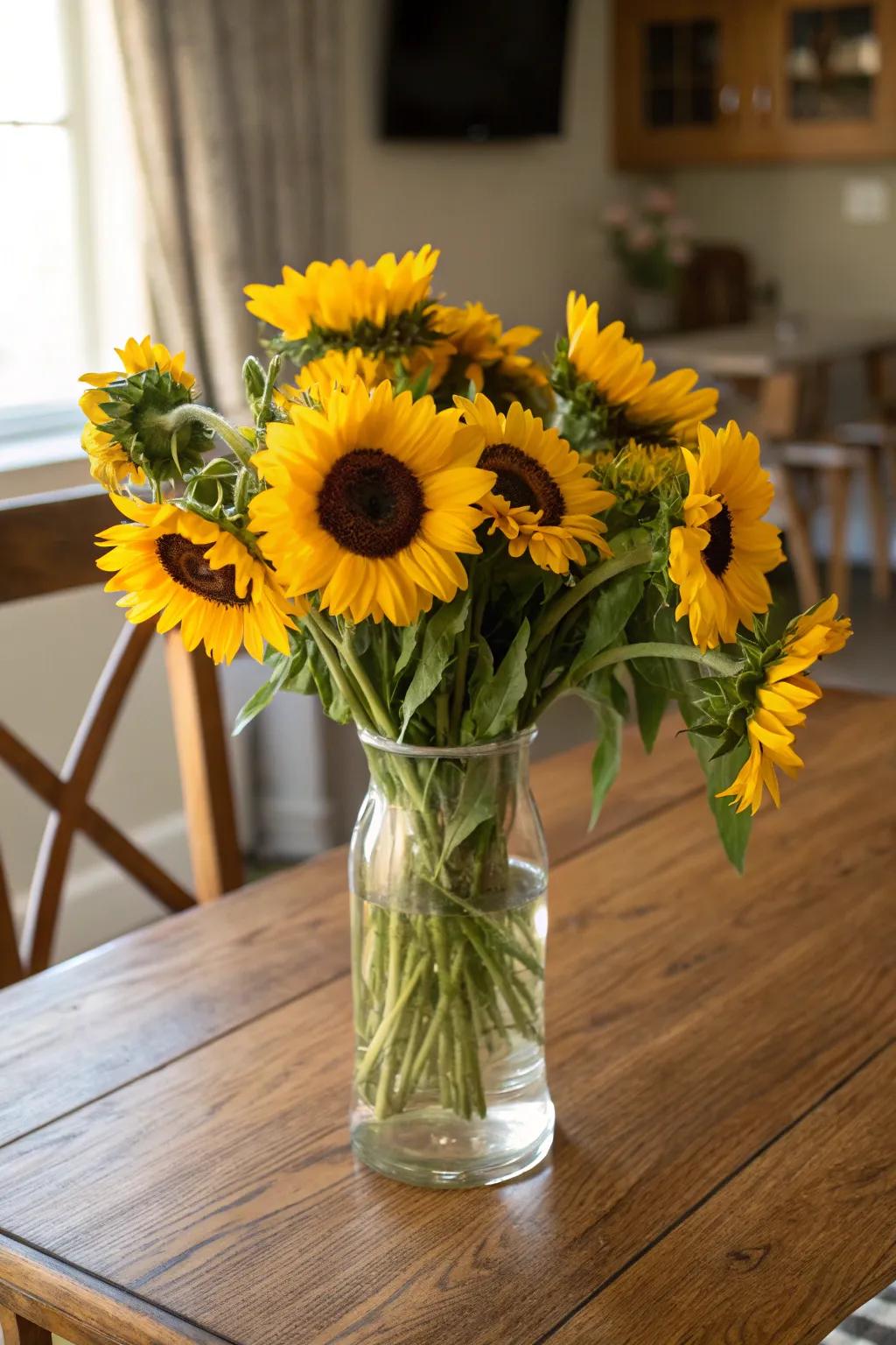 A spectacular arrangement of daisies makes a striking impression on a dining surface.
