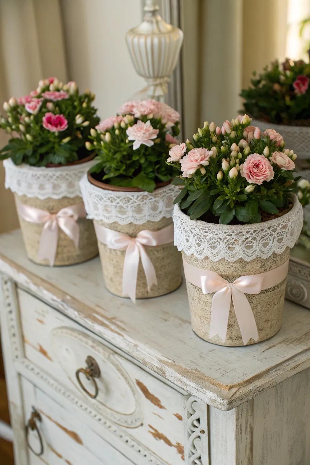 Elevate your plant pots with stylish lace and ribbon features.