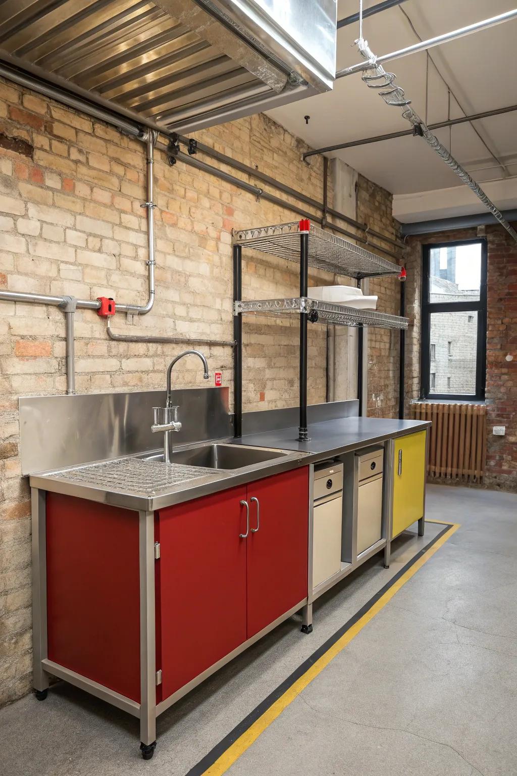 A striking industrial kitchen displaying a metal-framed independent sink.