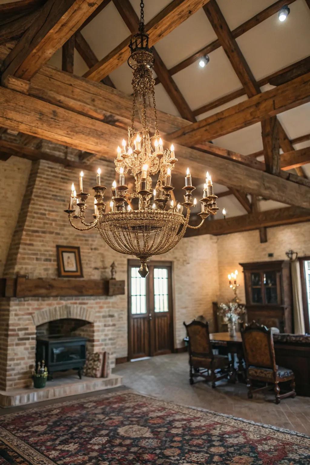 An antique chandelier injecting a dose of luxury into a rustic room.