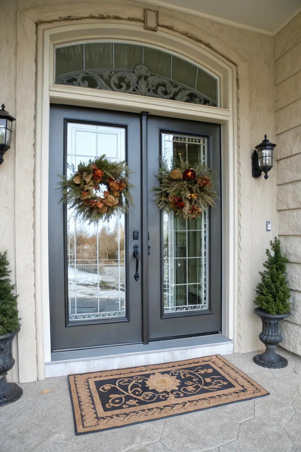 French doors establish a welcoming and stylish entrance.