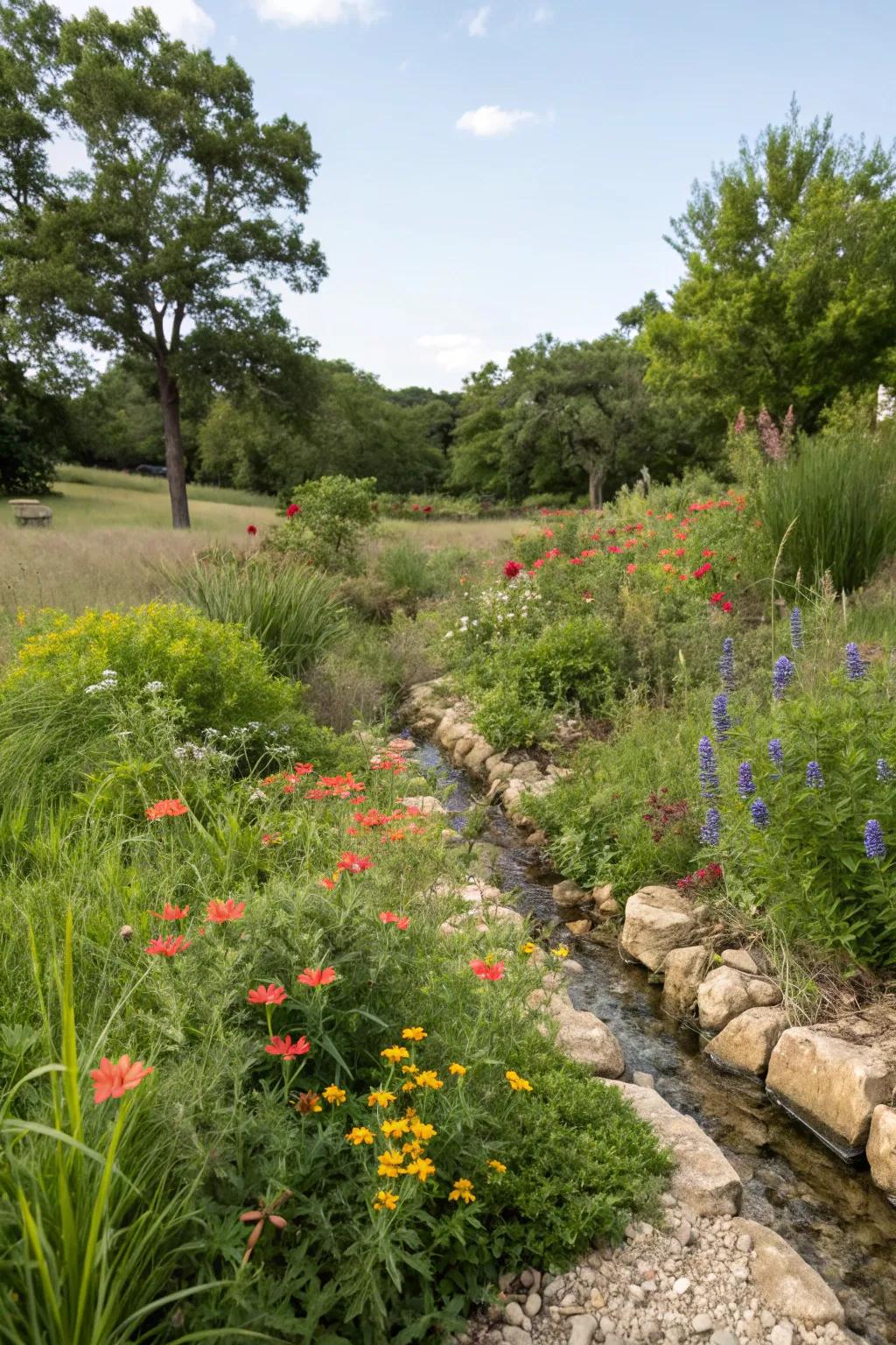 A French drain quietly integrated into a garden filled with flourishing regional flora.