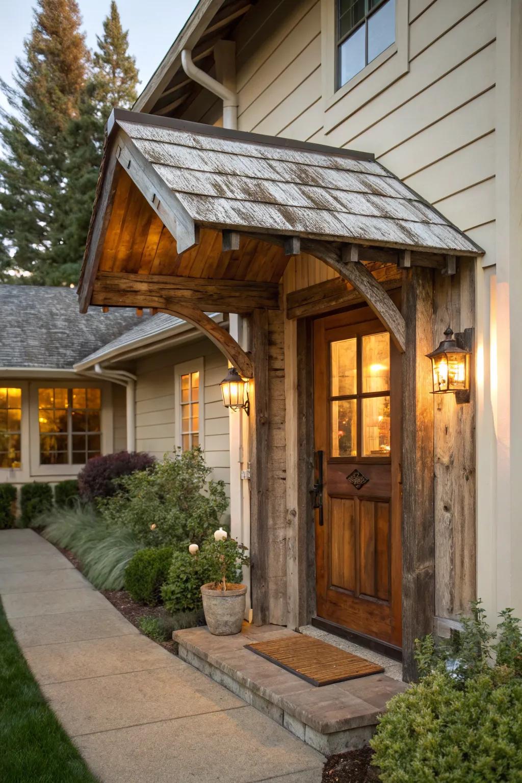 Repurposed timber overhangs radiate earthy charm.