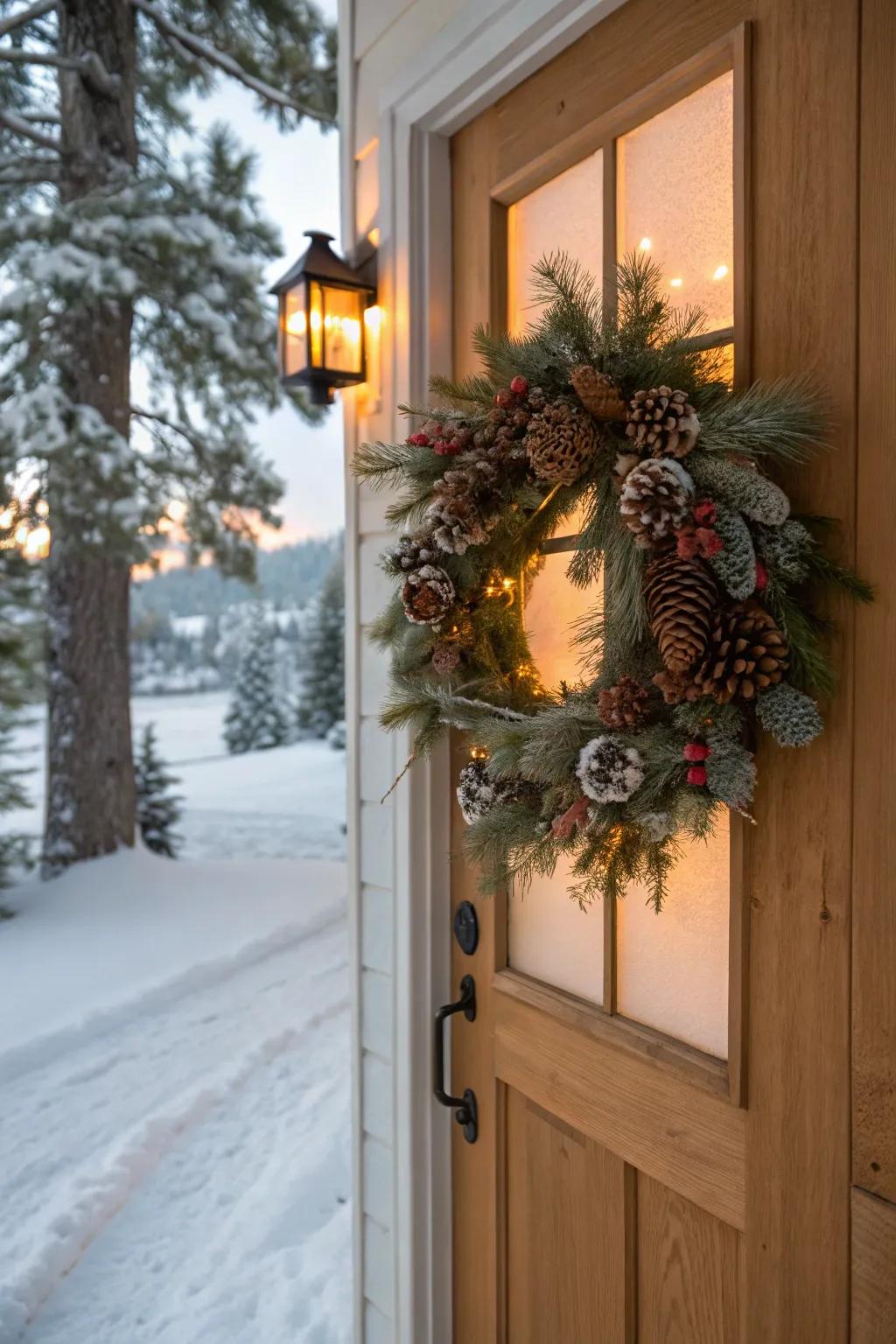Country conifer details on a front door circle.