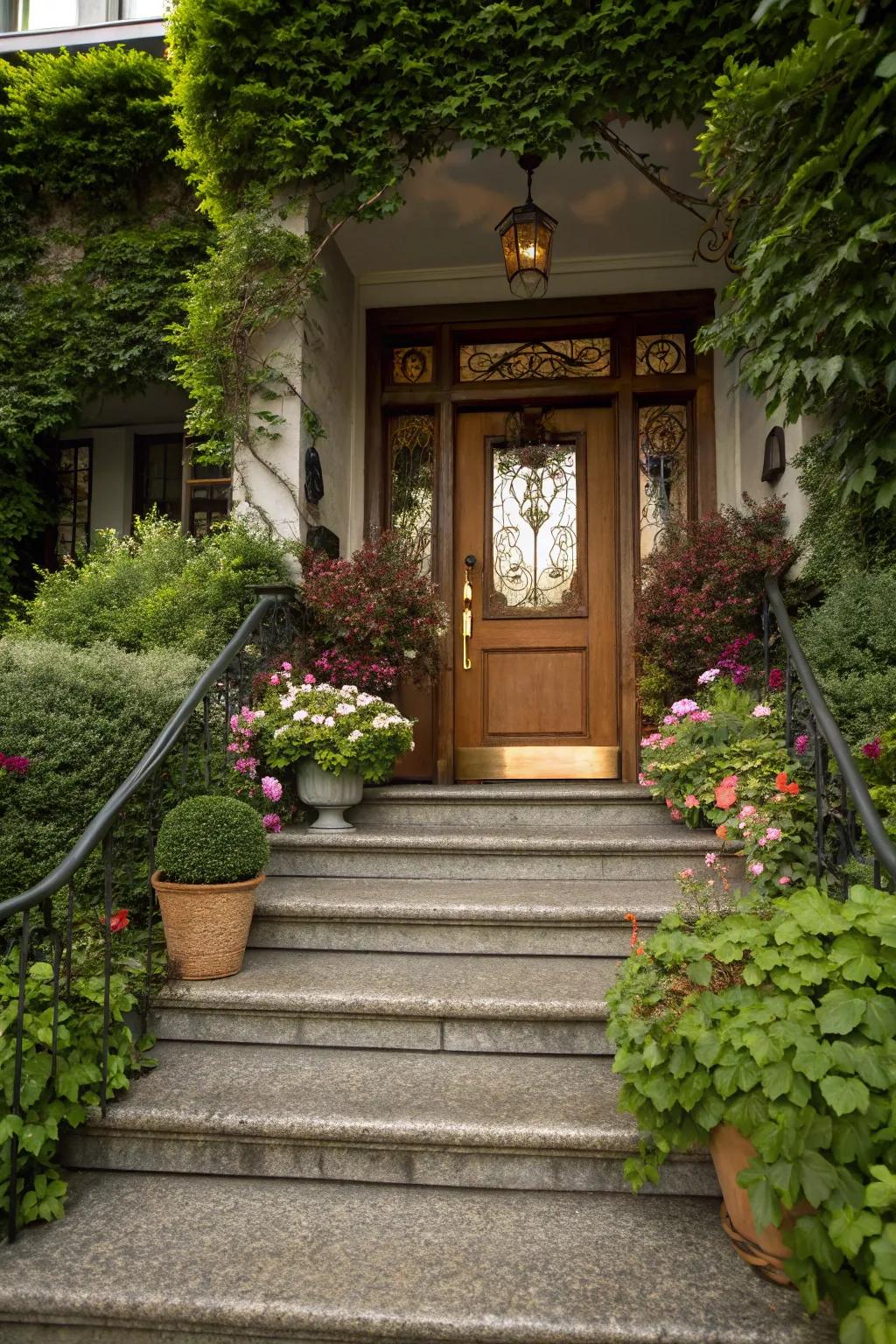 Granite steps and greenery create a natural allure.