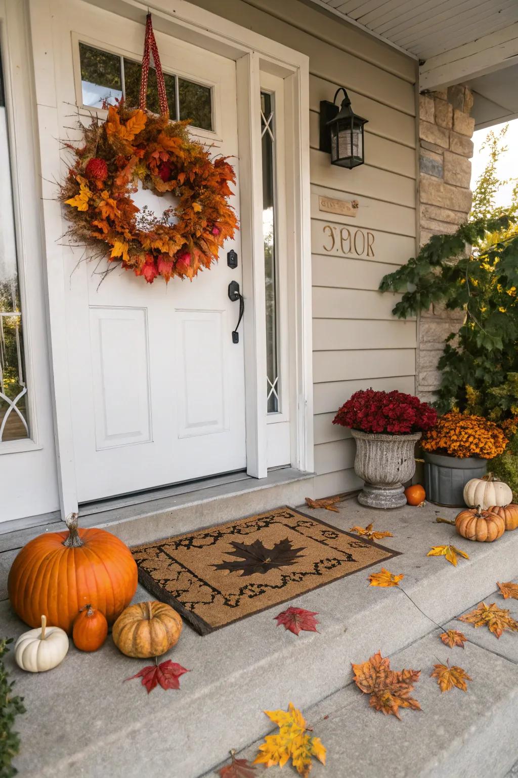 An autumnal doormat featuring seasonal leaves.