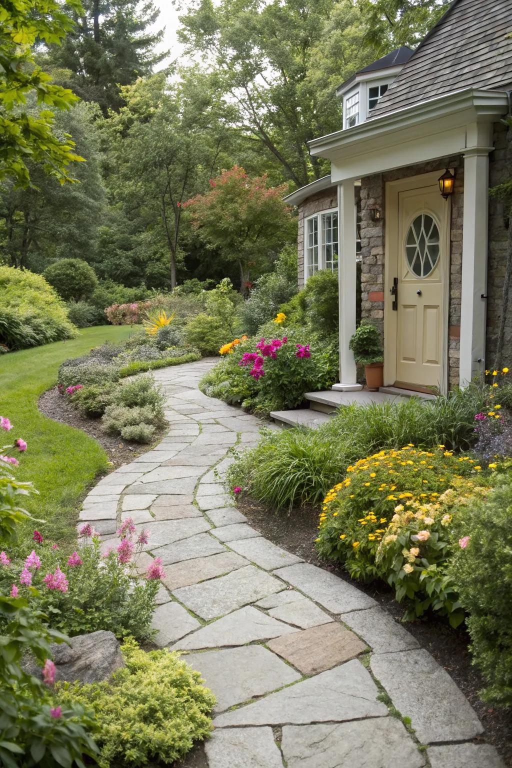 A decorative rock pathway directing toward the entrance.