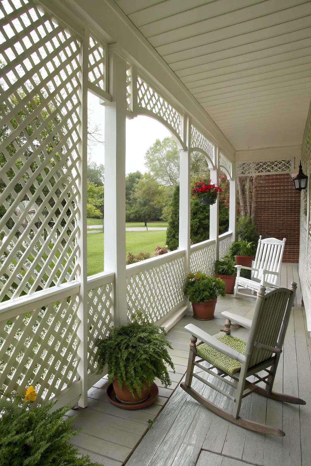 Ivory grid framework sections enhancing seclusion and allure on a front porch.