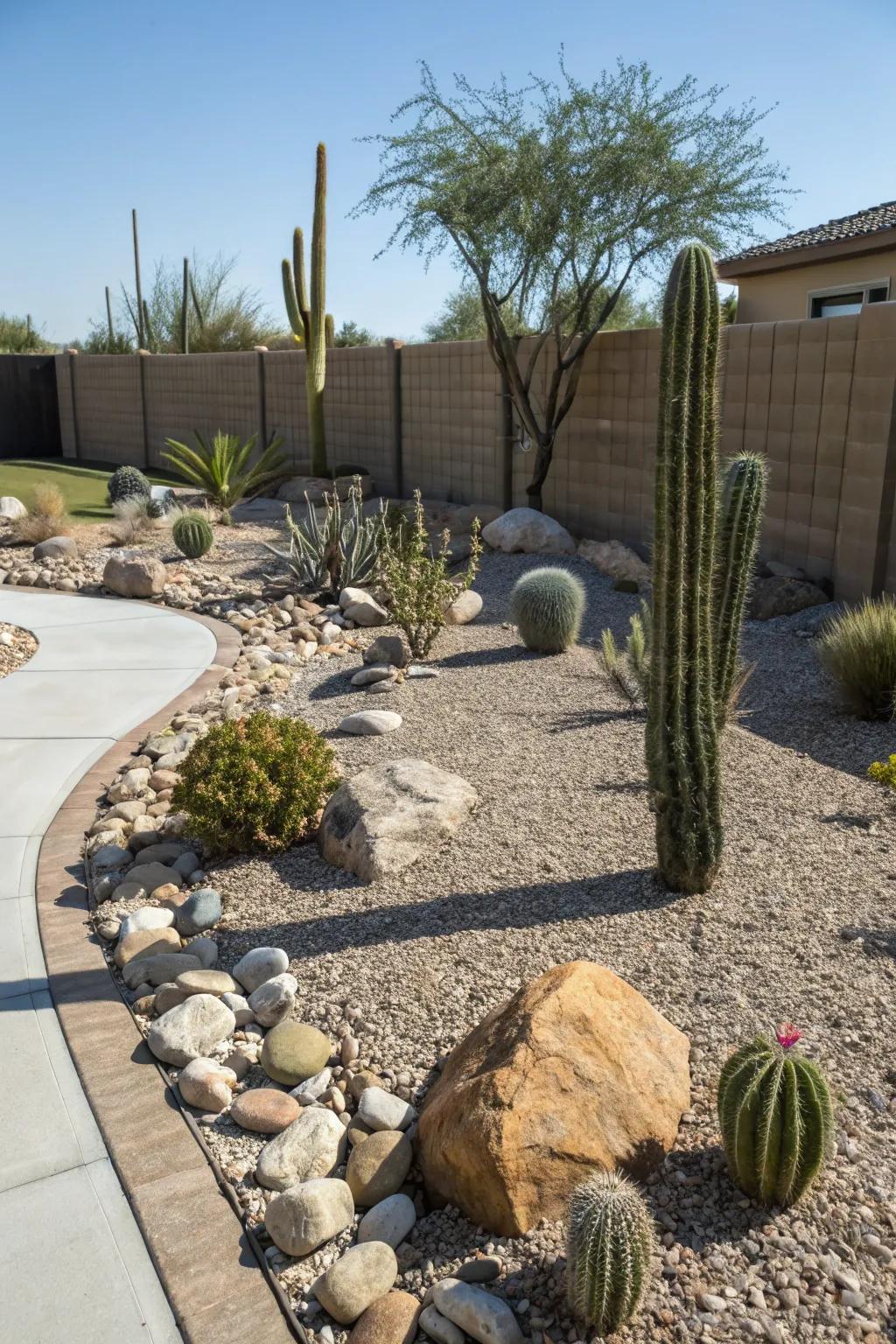 A natural stone bed enriches this desert plant landscape.