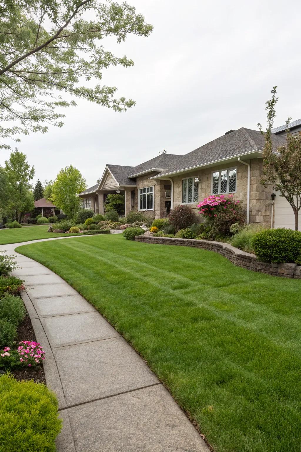 A lush green lawn acts as a tranquil canvas for garden features.