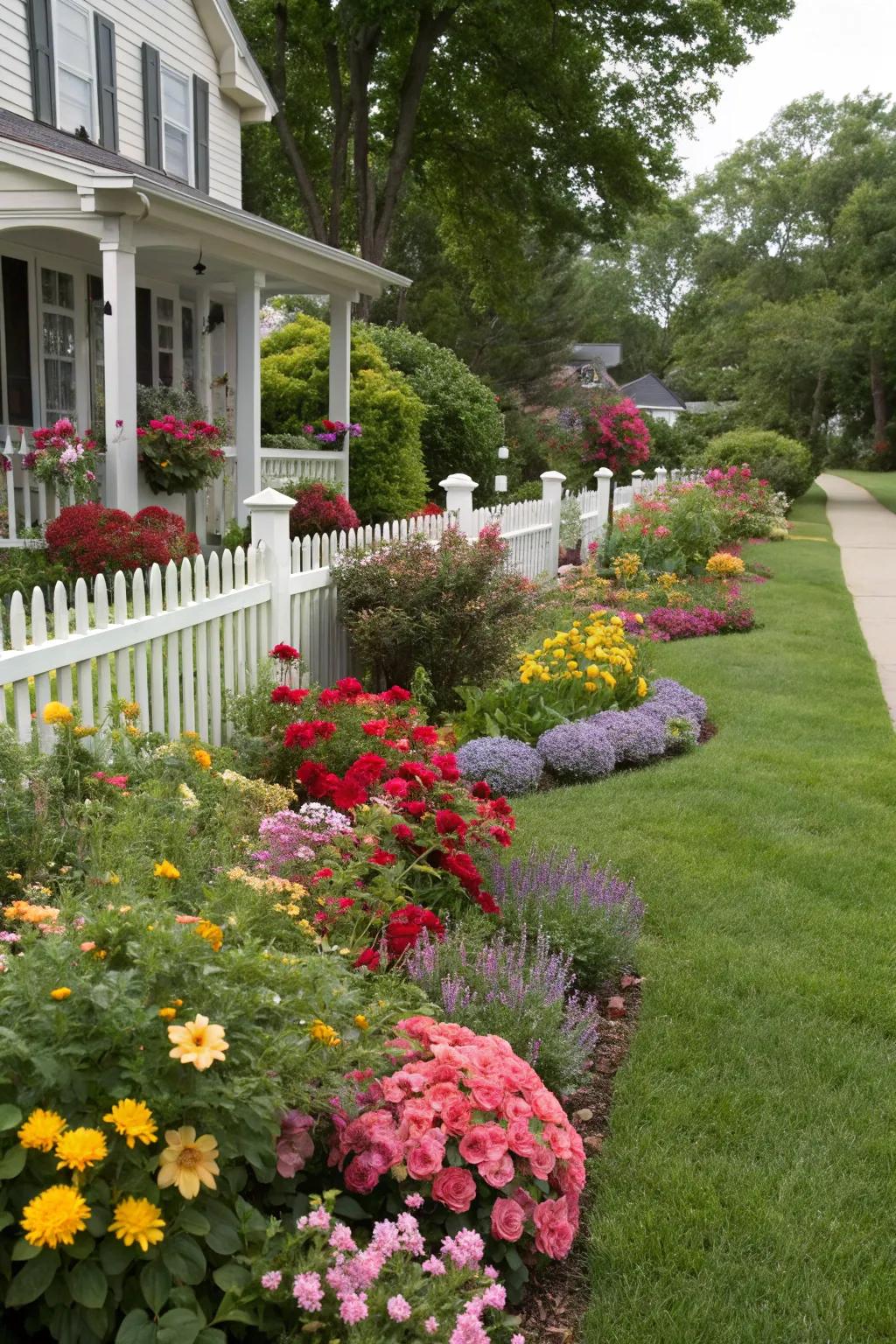 Vibrant plantings breathing life into a ranch-style front garden