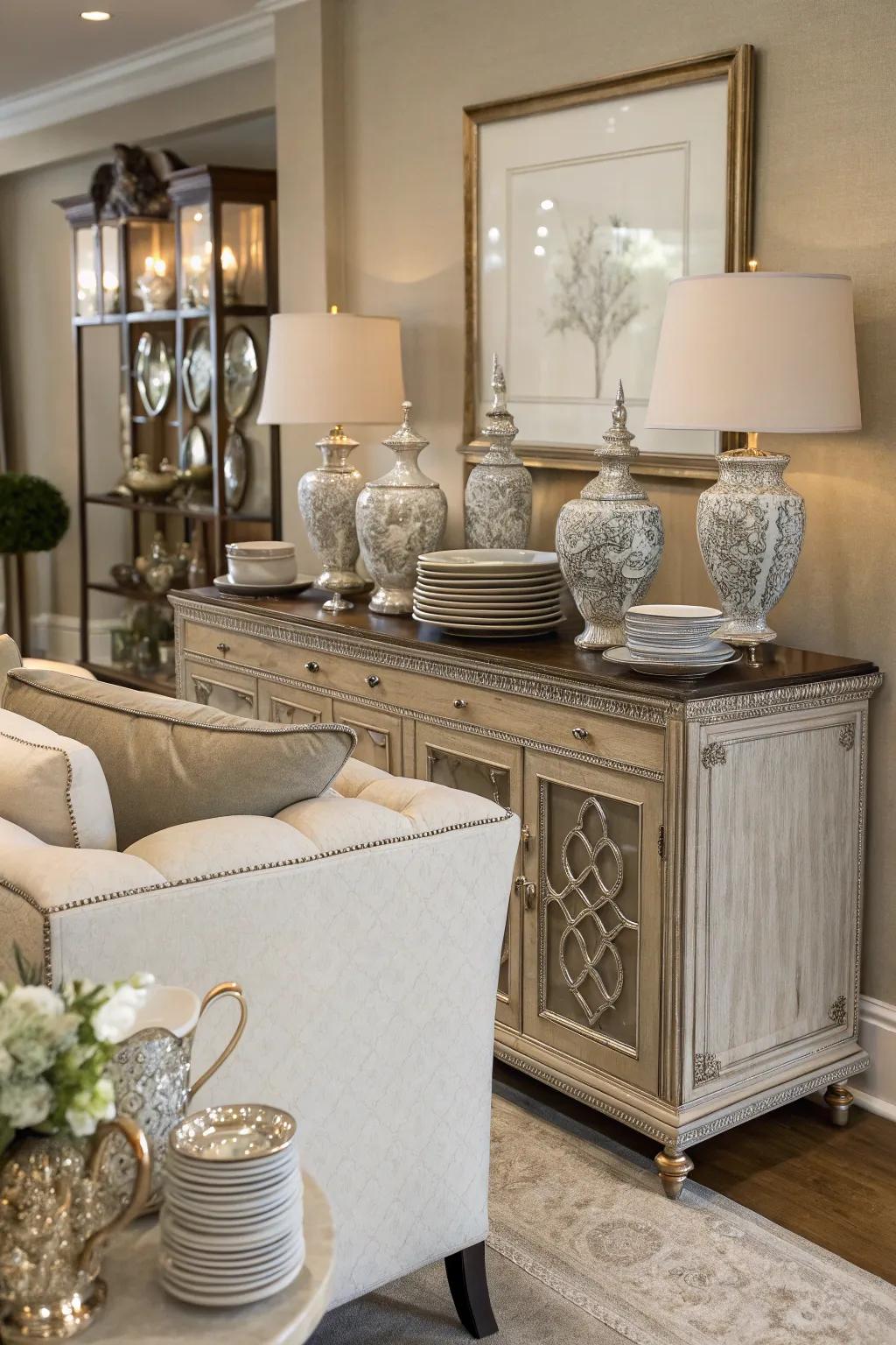 A graceful serving counter behind the sofa, serving as both a storage and display surface.
