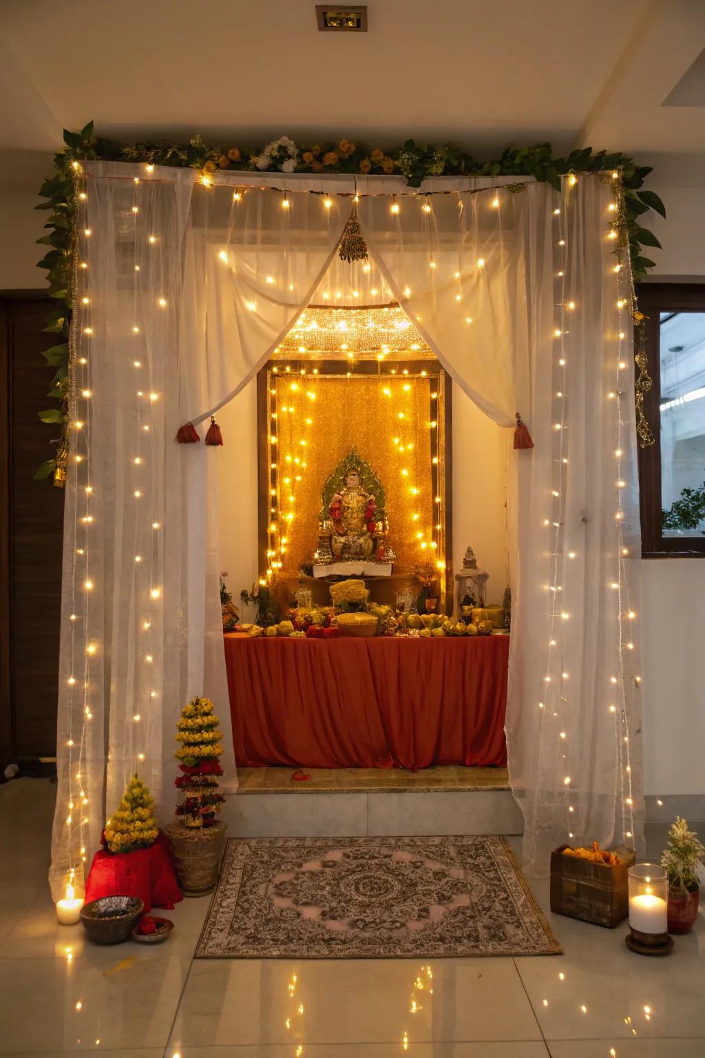 Sparkling lights project an ethereal glow over the Ganpati shrine.