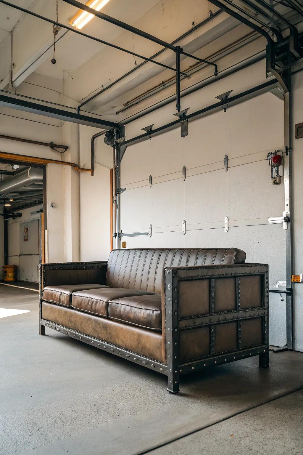 The industrial-chic theme injects a dose of contemporary edge into your garage, mixing metal and leather elements.