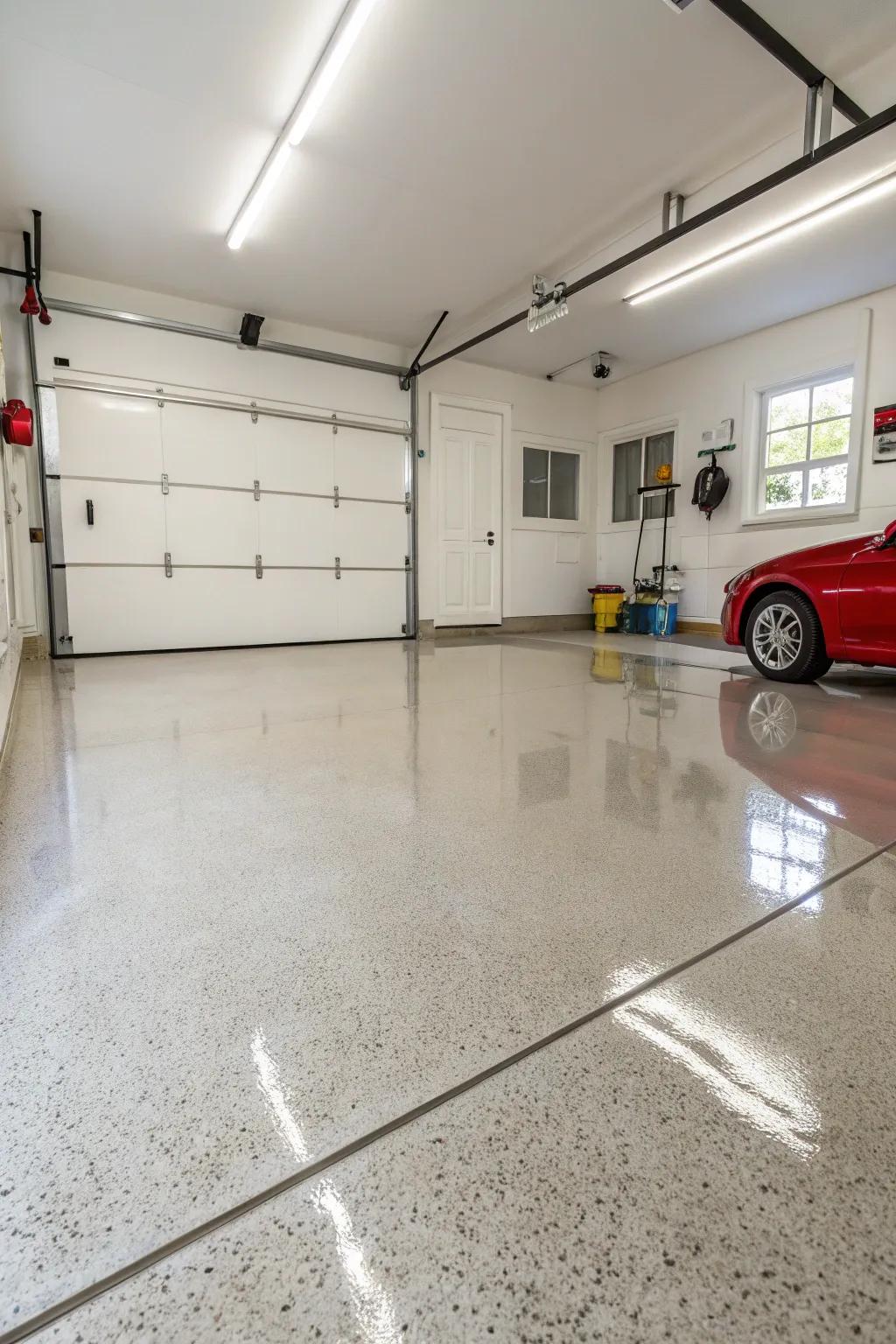 Epoxy flooring provides the garage a smooth and polished feel.