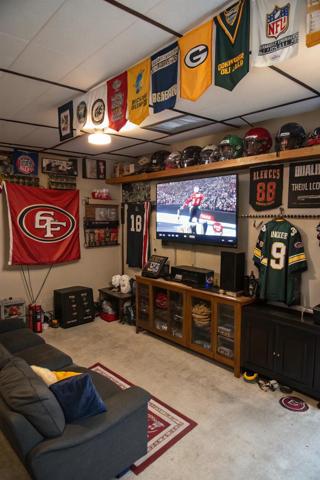 A sports enthusiast's dream layout in a garage man cave.