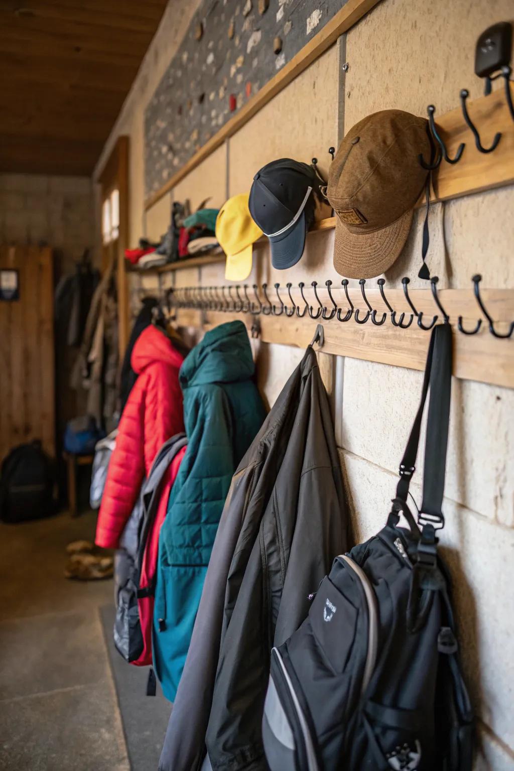 Fasteners and pegs offer straightforward access to frequently used items.
