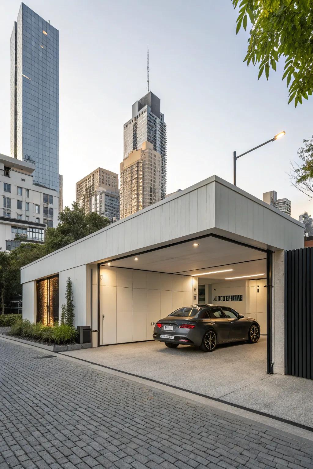 A modern garage using minimalist trim for a sleek appearance.