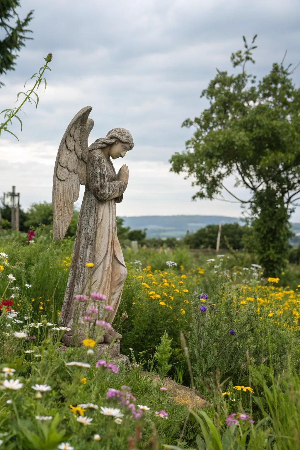 Earthy wooden angel nestled among wildflowers.