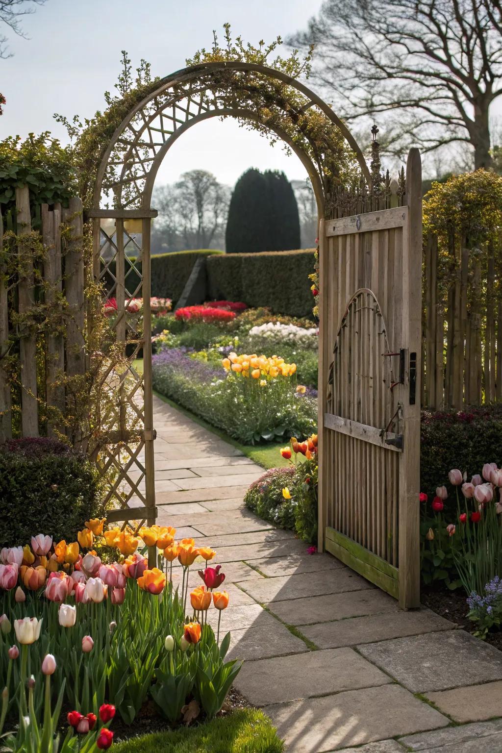 Arcway garden gate crafts a picturesque gateway to your outdoor expanse.
