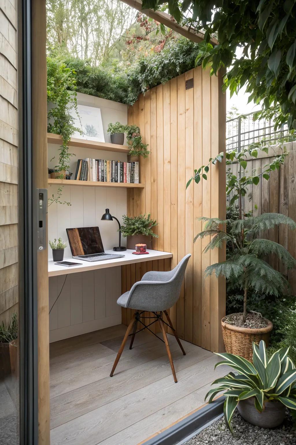 A small corner garden office, smartly using limited space.
