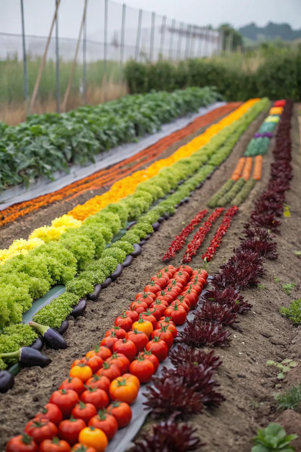 A garden area with veggies arranged in a stunning color spectrum.