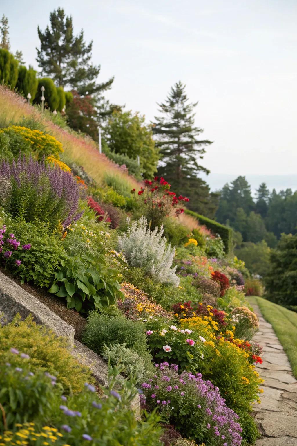 Stratified planting enriches a sloping garden with dimension and appeal.