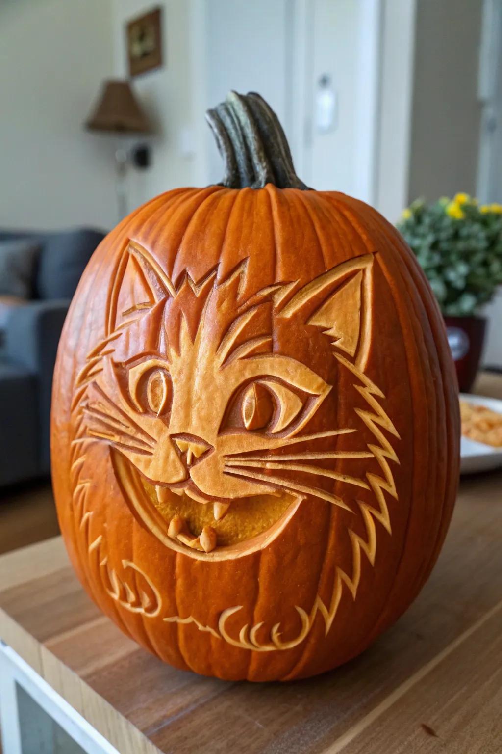 A whimsical cat engraved onto a pumpkin, adding a playful aspect to Halloween décor.