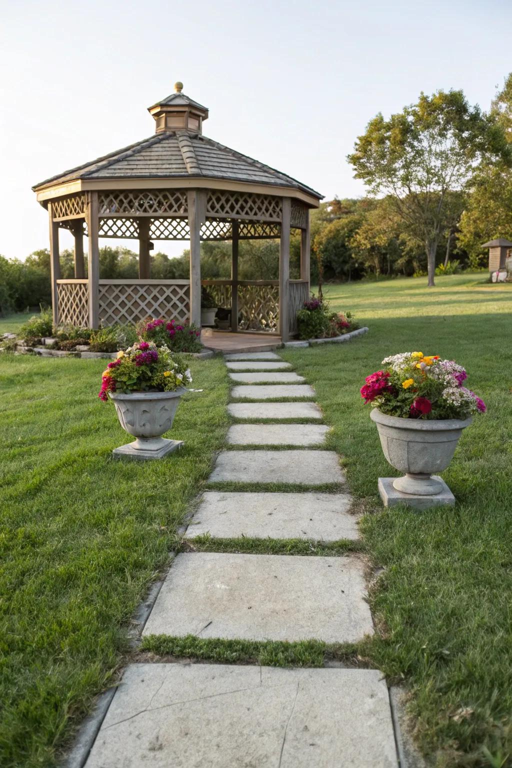Solid surface pavers deliver a tough and stylish foundation for your gazebo.