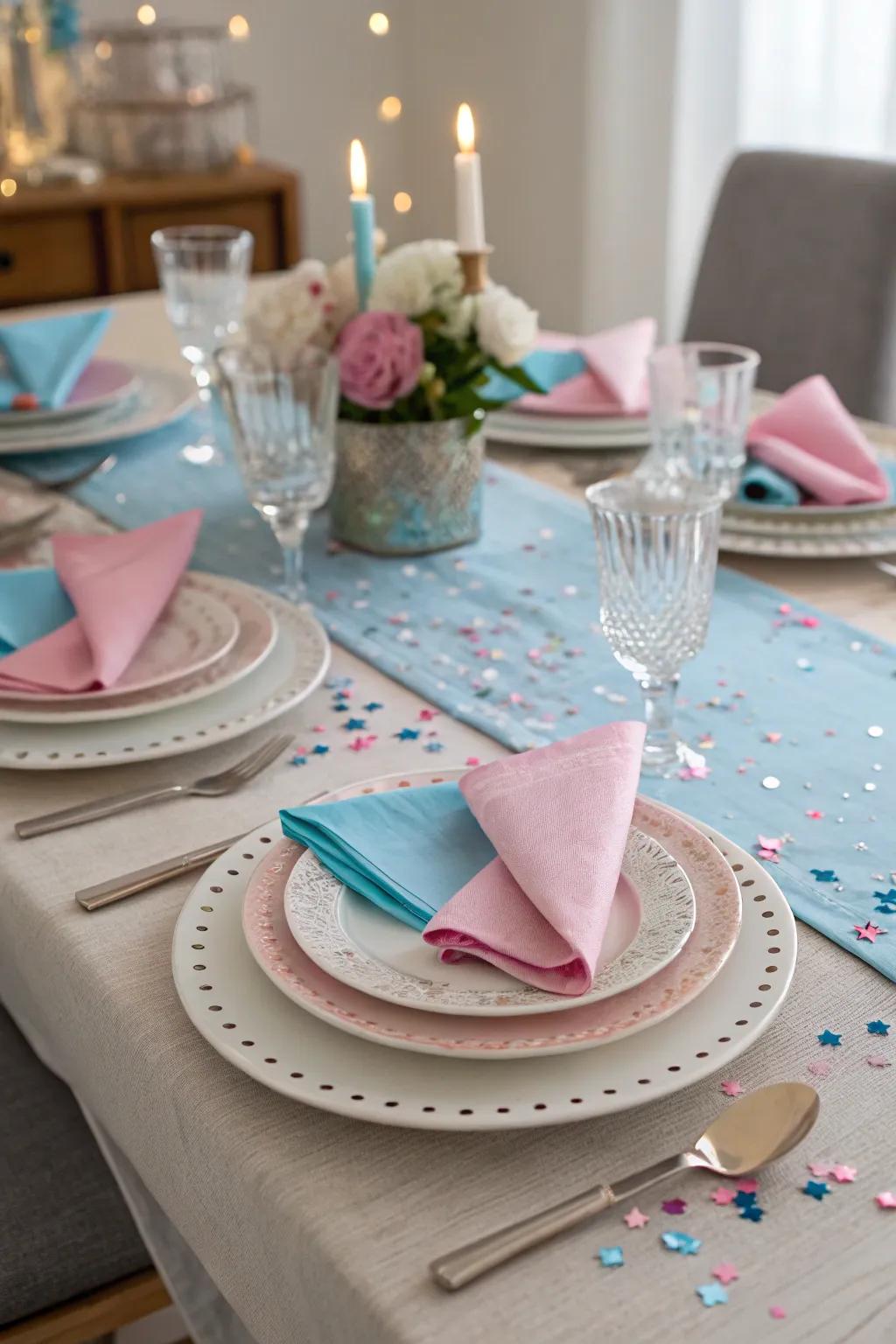 An elegant tablescape establishes the atmosphere for a stylish gender reveal party.