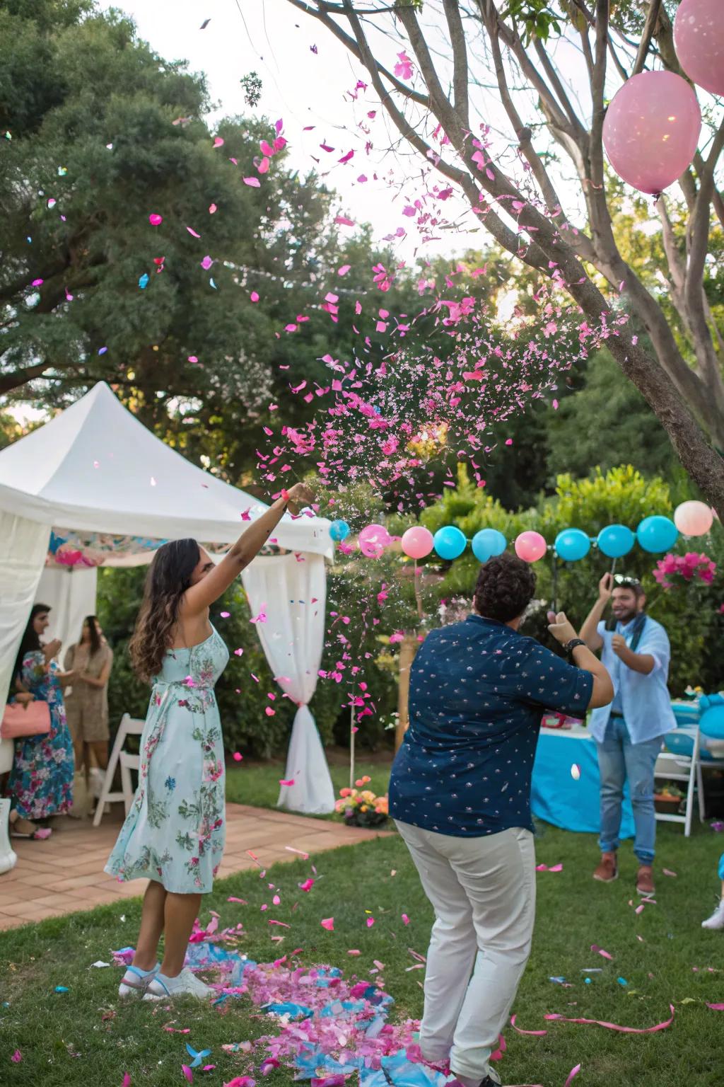 A vibrant confetti cannon reveal captures the sheer delight of the moment.