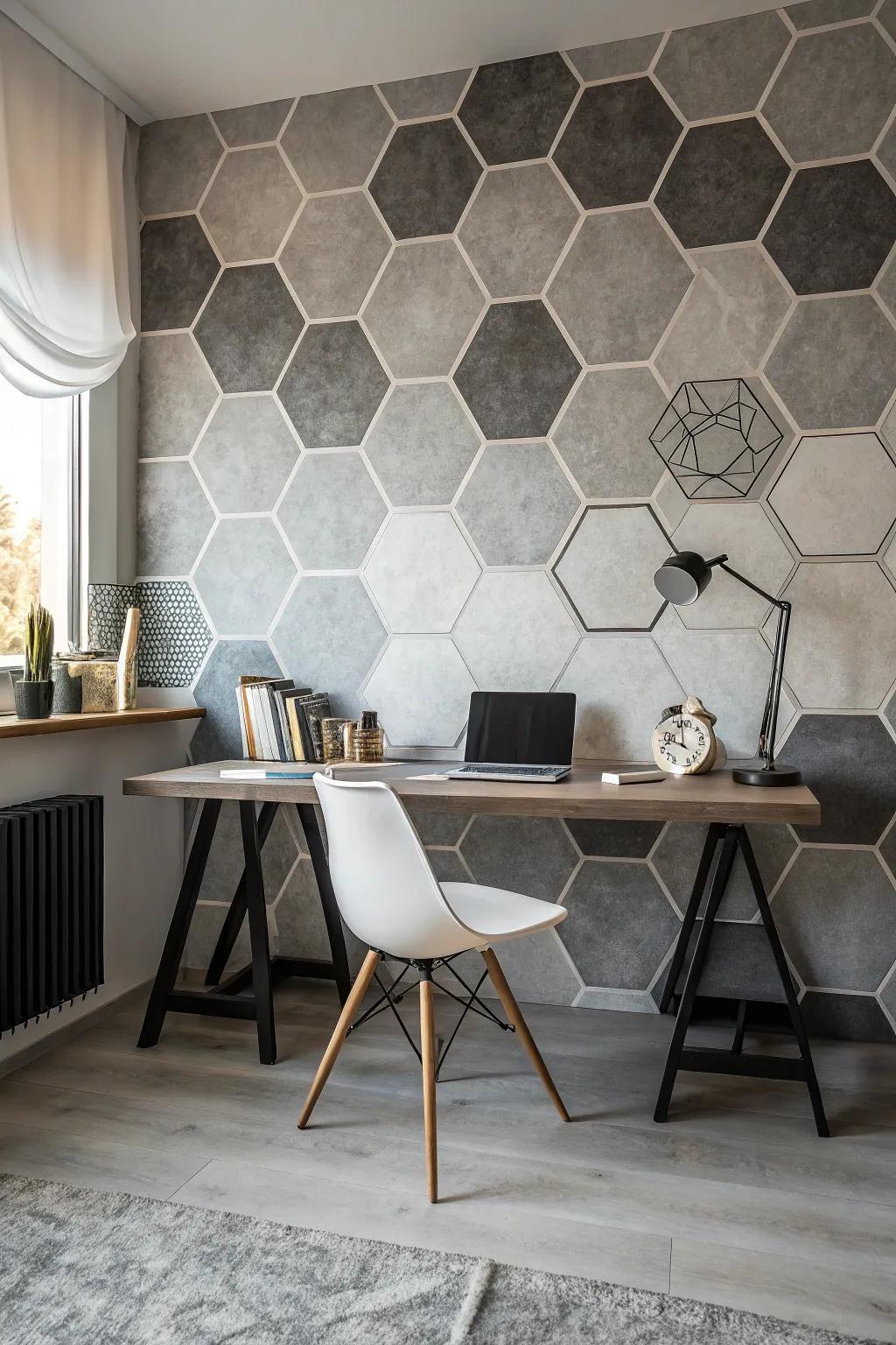 A study room enhanced by the addition of a stylish hexagon geometric wall design.