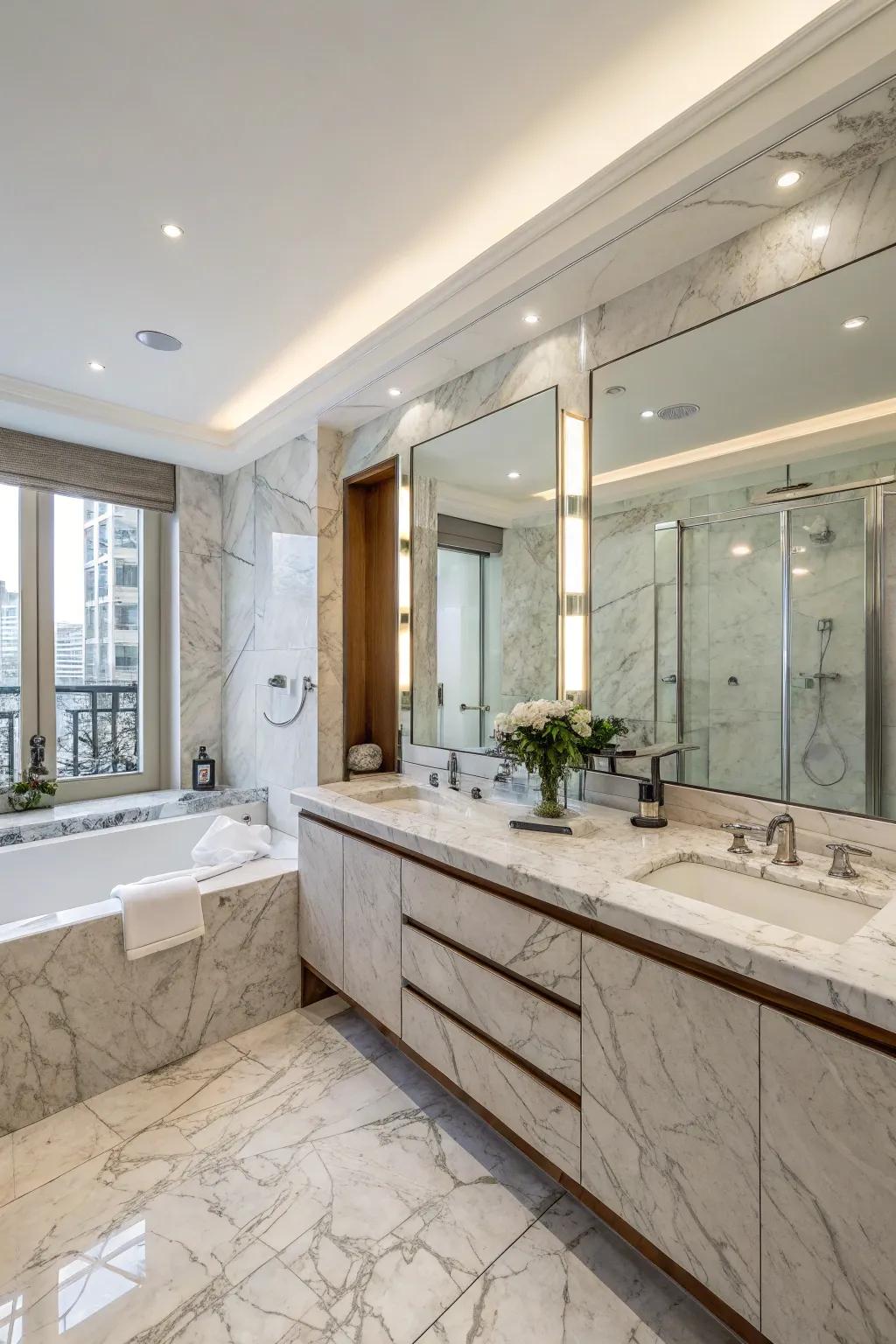 A sophisticated bathroom showcases marble countertops and walls.