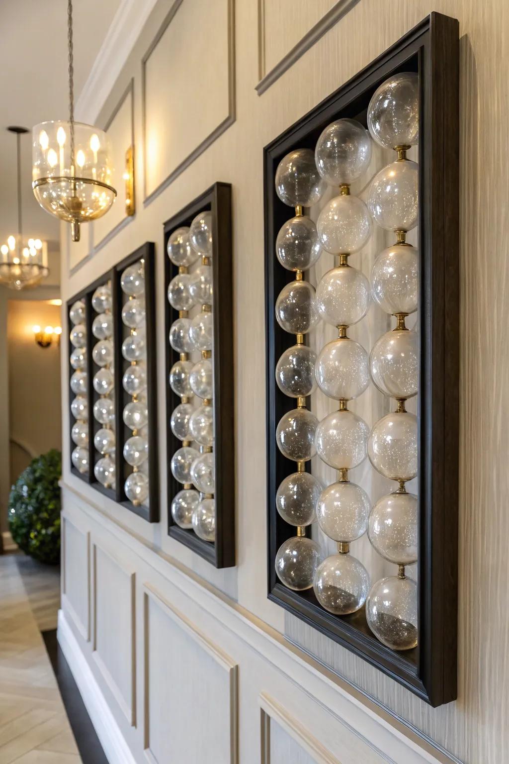 Framed glass orbs generate the illusion of floating art.
