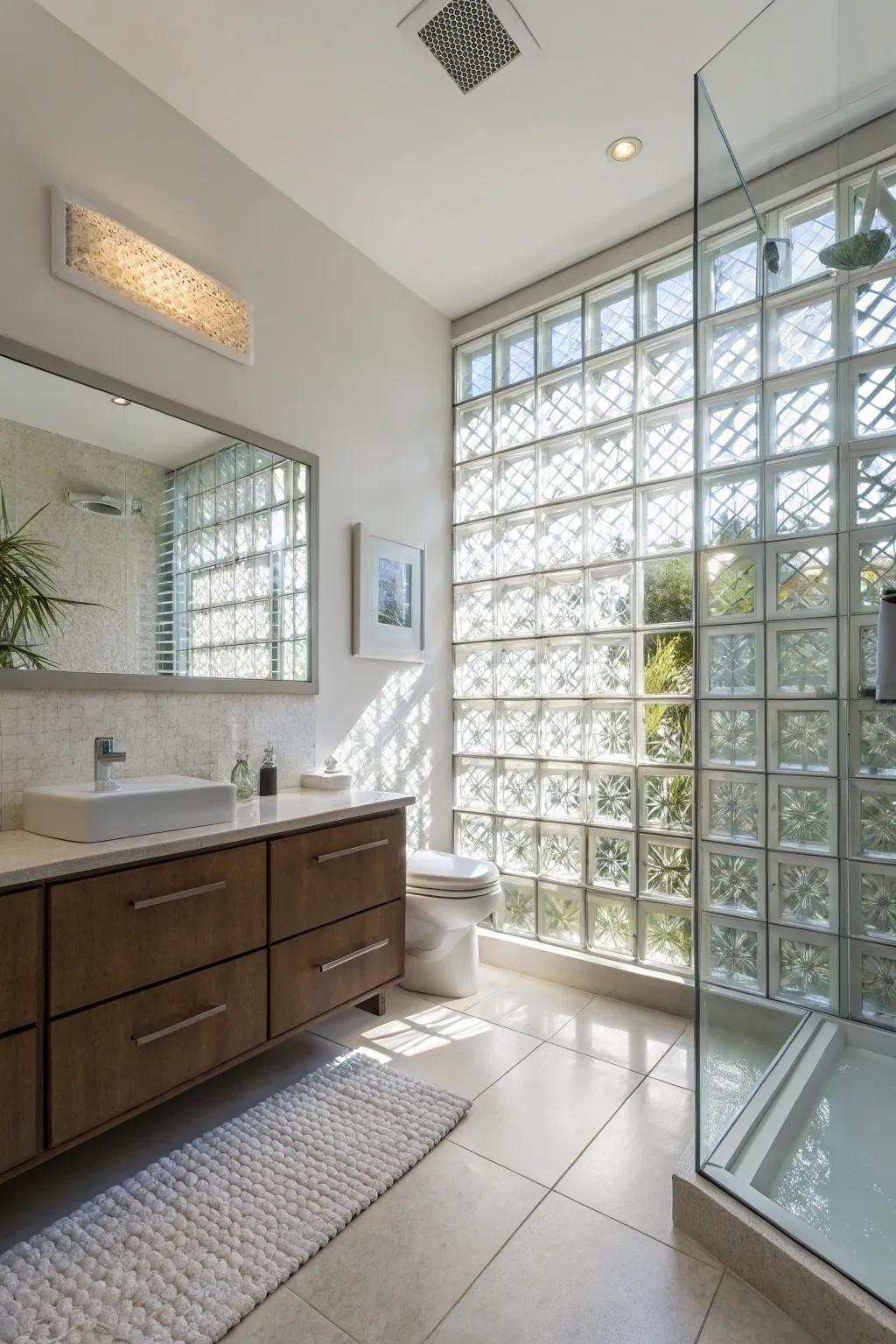 A washroom revamped by a transparent cube pane for privacy and light.