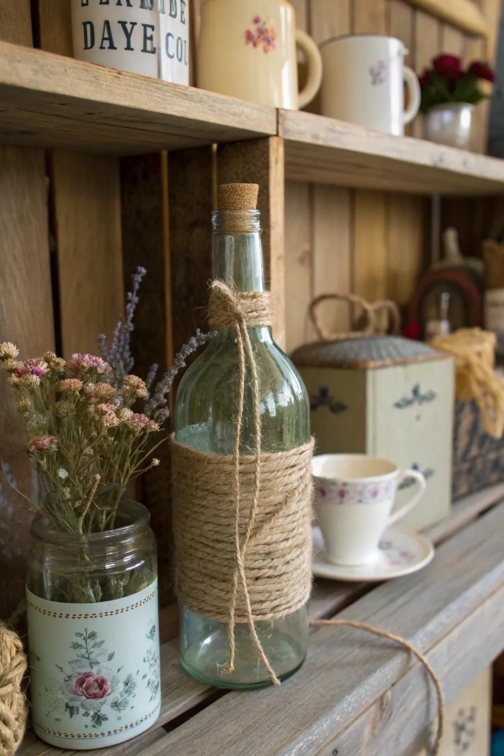 A twine-wrapped bottle radiating countryside appeal.