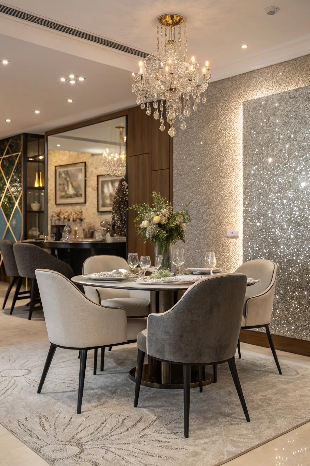 A <strong><em>glitter accent wall</em></strong> brings a dramatic feel to a dining space.” loading=”lazy” class=”pimg”>
	</picture><figcaption>A <strong><em>glitter accent wall</em></strong> brings a dramatic feel to a dining space.</figcaption></figure>
<p>Introduce a <strong><em>glitter accent wall</em></strong> into your dining space to inject drama and sophistication. I absolutely love how it arranges the stage for intimate dinners as well as lively get-togethers.</p>
<h3>Might be a good match:</h3>
<ul class=