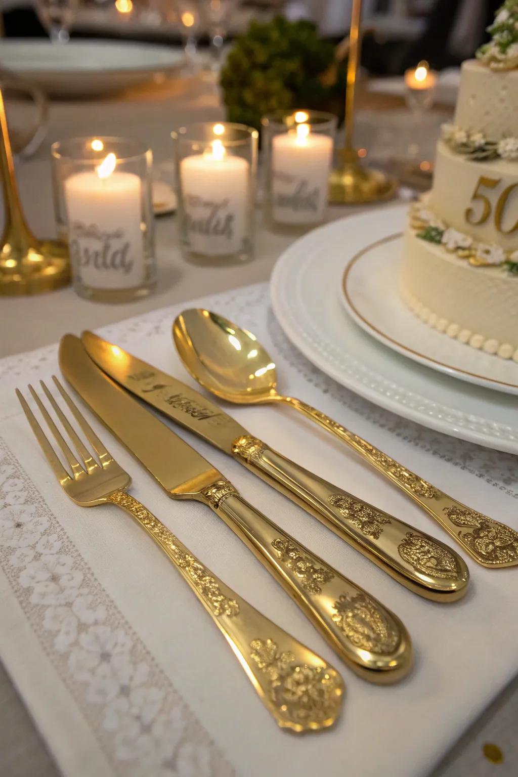 Personalized golden cutlery presents a memorable accent to the festivities.